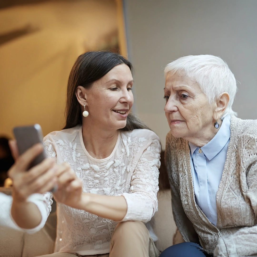 Senior with relative calling for services